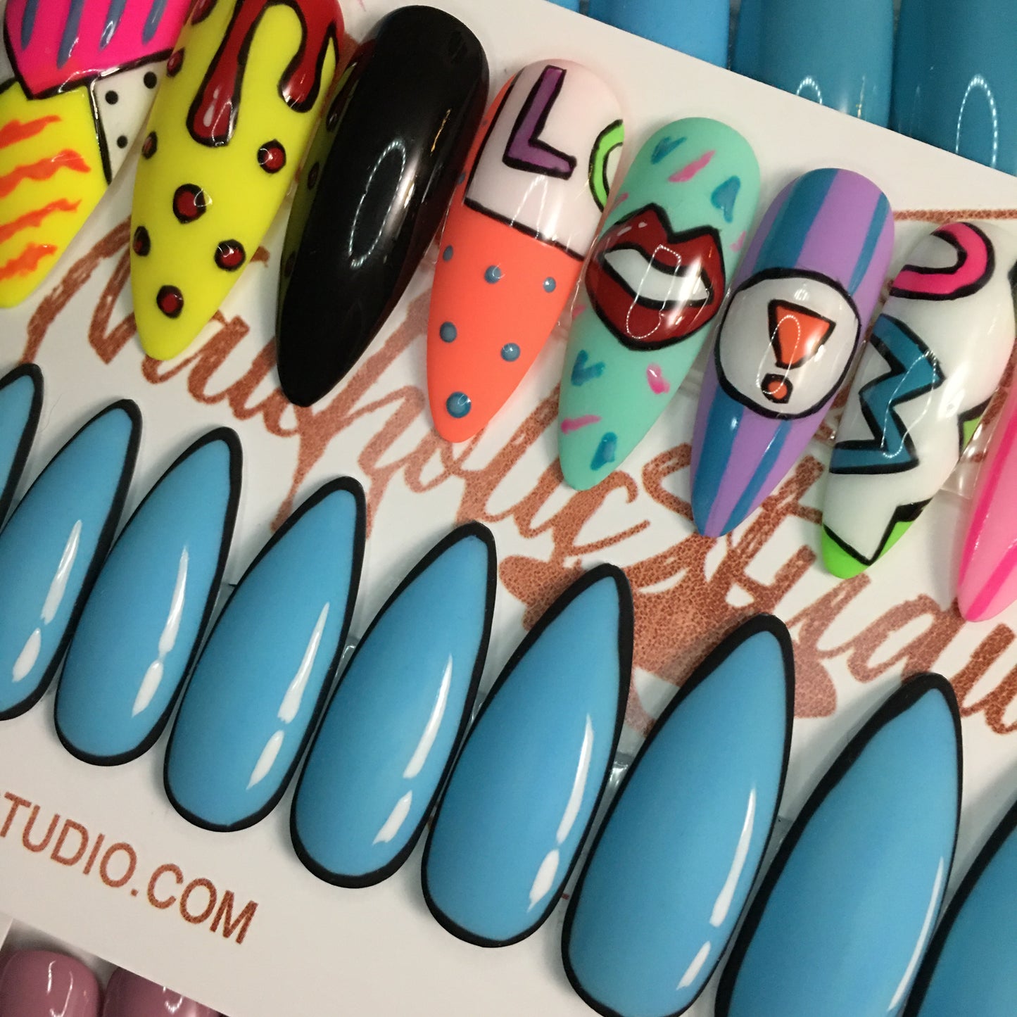 Pop Art Blue | Long Stiletto | Press on Nails | Mismatched Hand Trend | READY TO SHIP